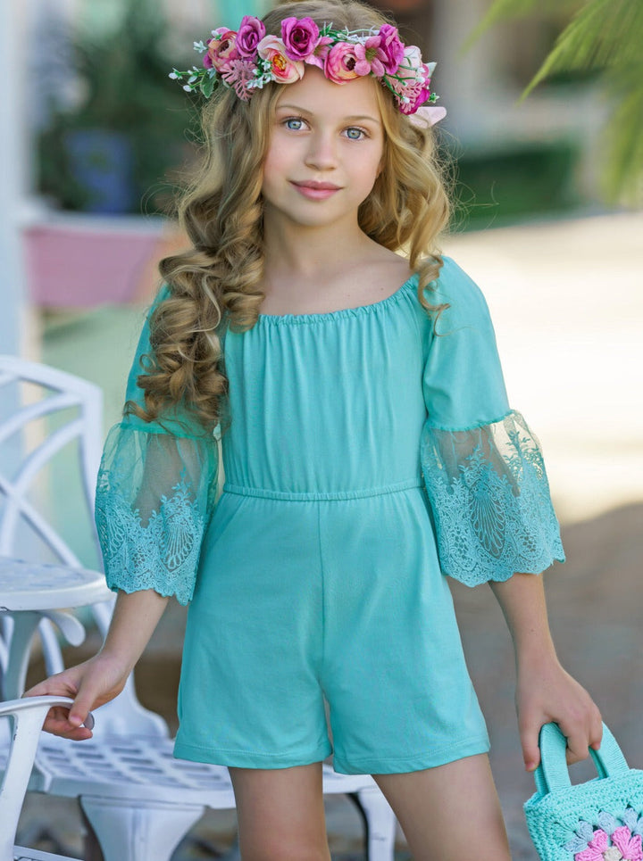 Kids Spring Outfits | Little Girls Boho Lace Sleeve Pastel Romper