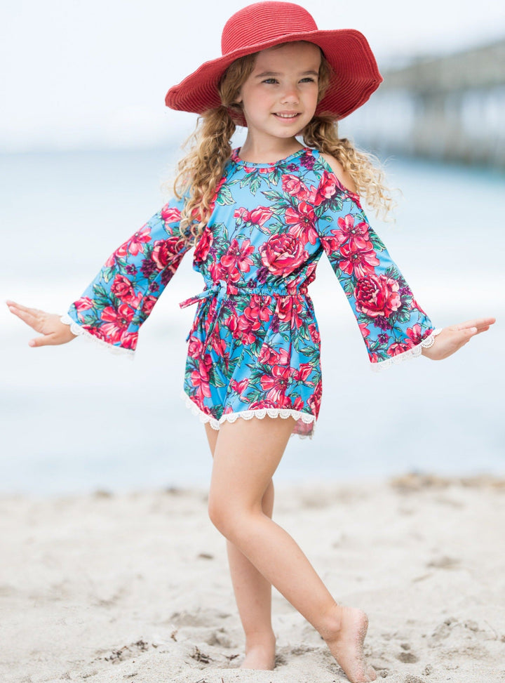 Cute Toddler Outfit | Girls Floral Cold Shoulder Drawstring Romper