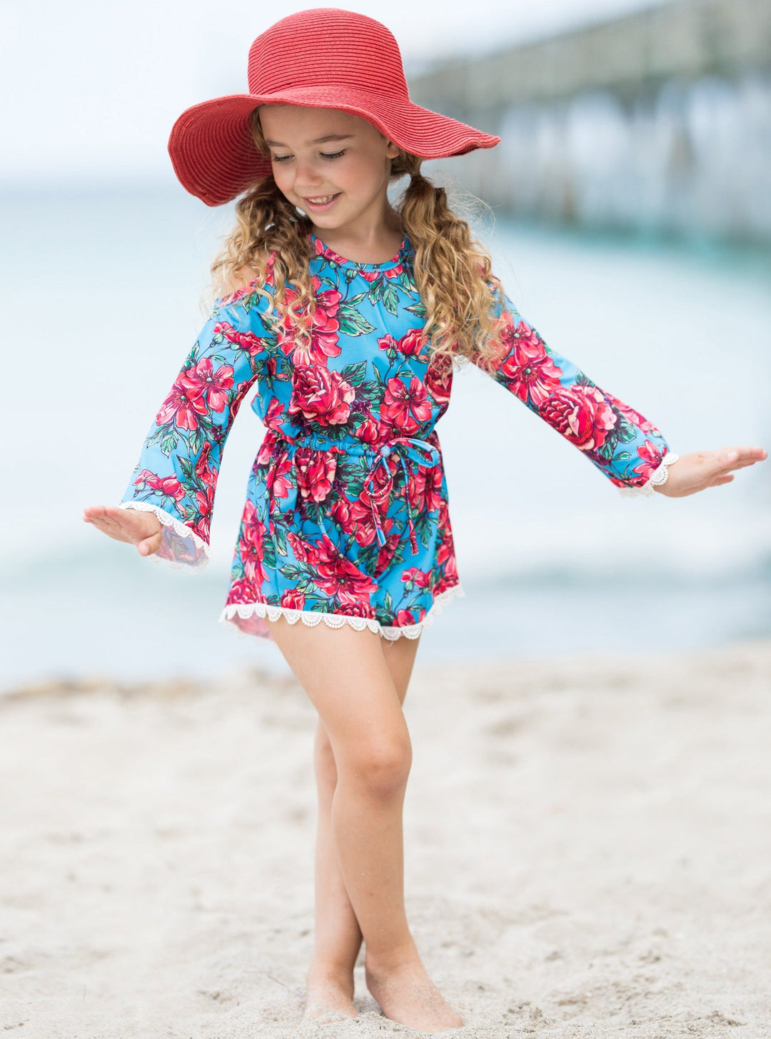 Cute Toddler Outfit | Girls Floral Cold Shoulder Drawstring Romper