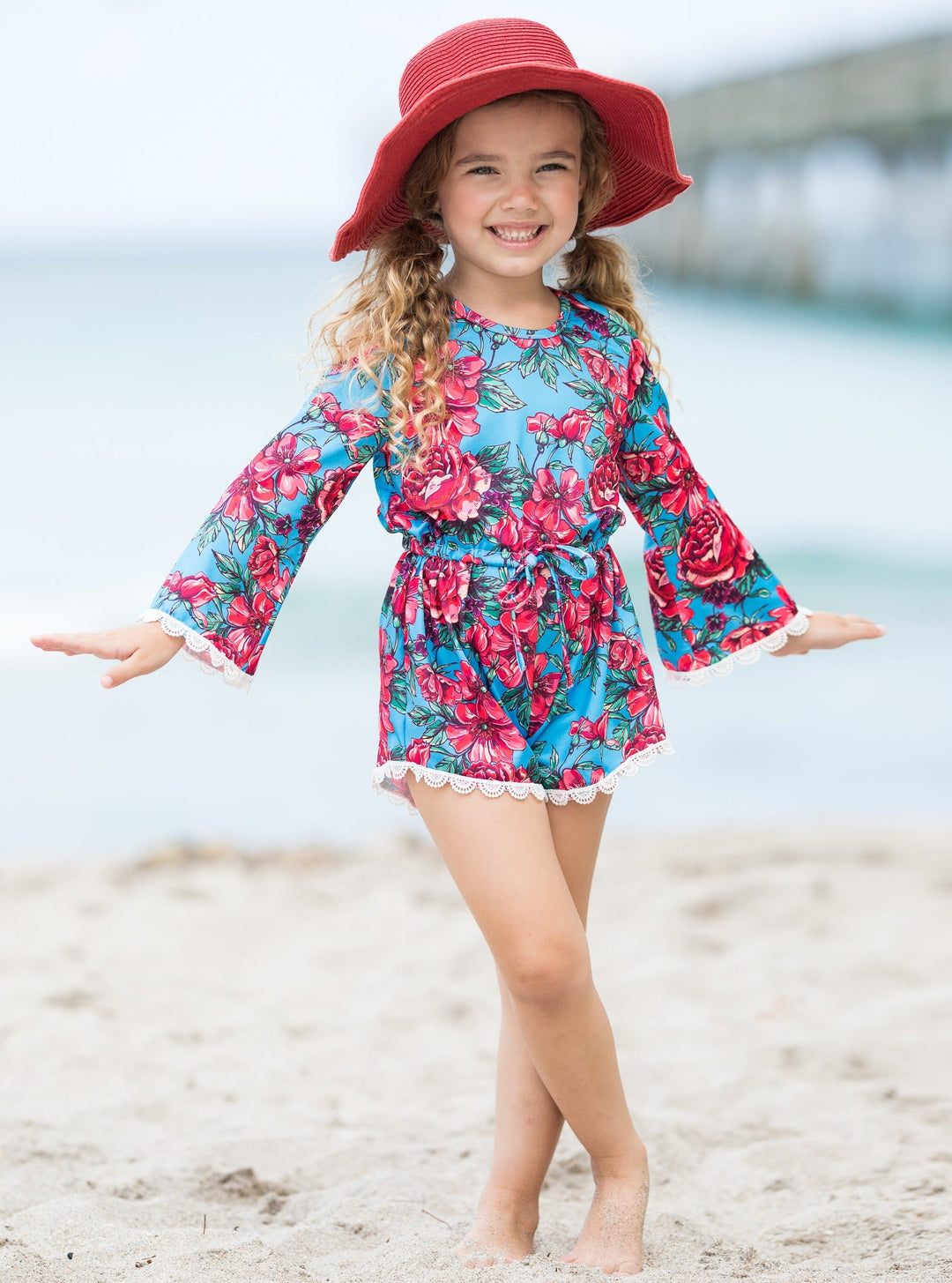 Cute Toddler Outfit | Girls Floral Cold Shoulder Drawstring Romper