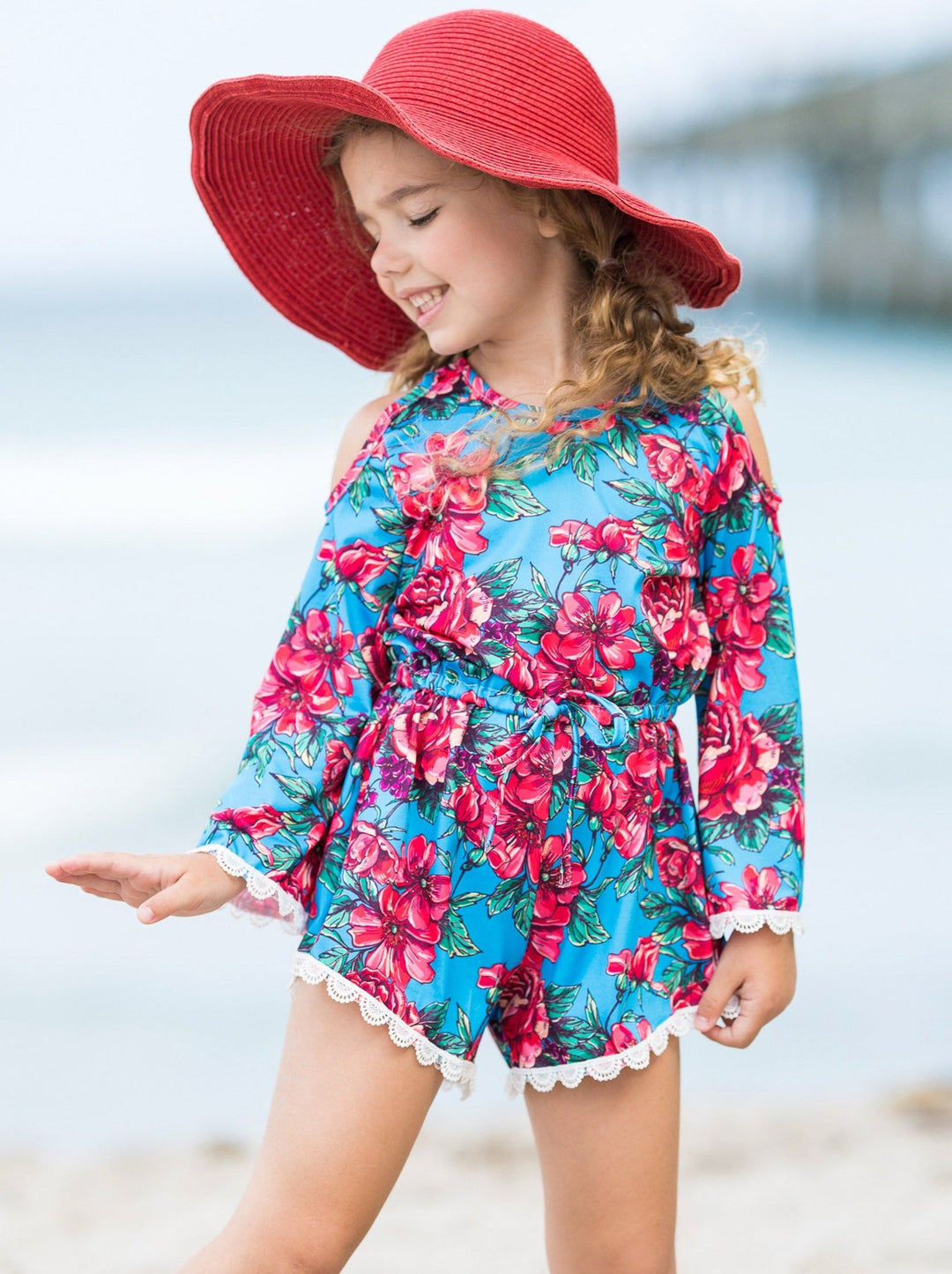 Cute Toddler Outfit | Girls Floral Cold Shoulder Drawstring Romper