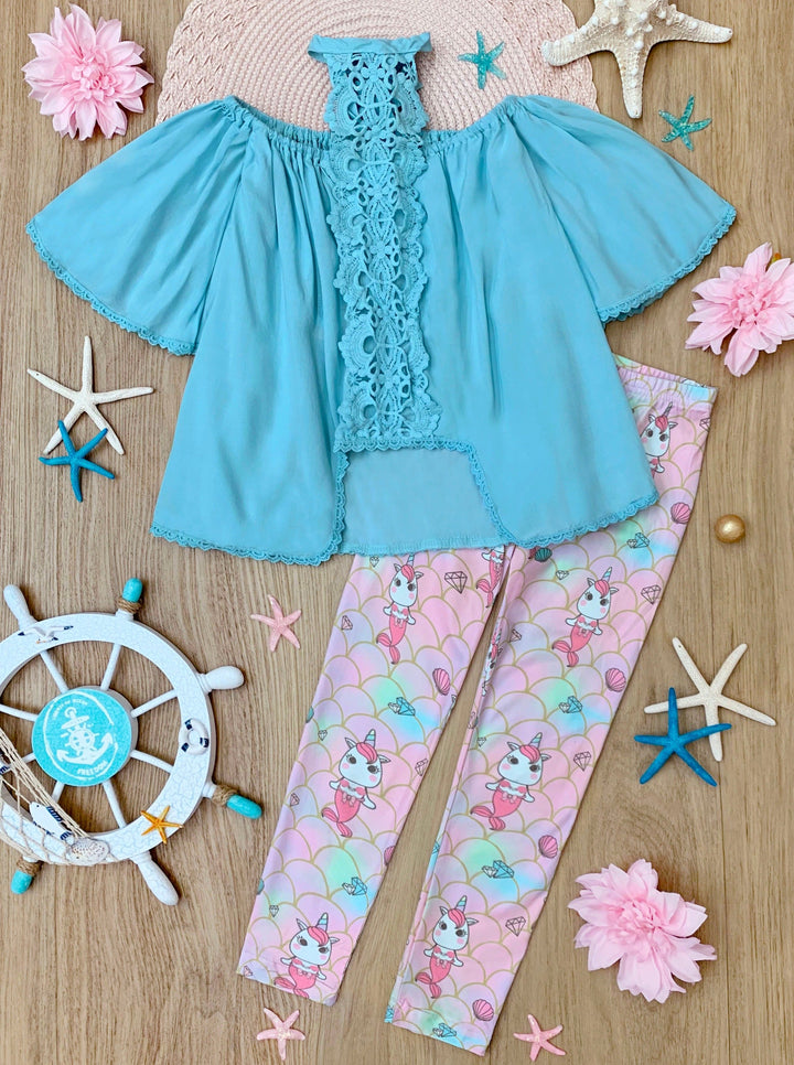 Toddler Spring Clothes | Unicorn Mermaid Lace Trim Top & Legging Set