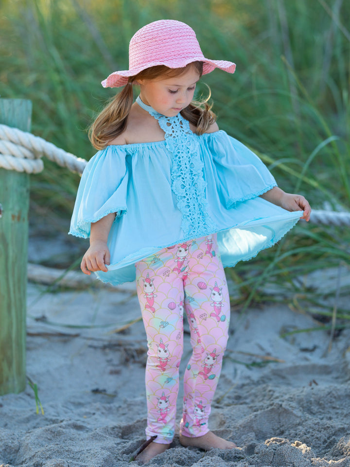 Toddler Spring Clothes | Unicorn Mermaid Lace Trim Top & Legging Set