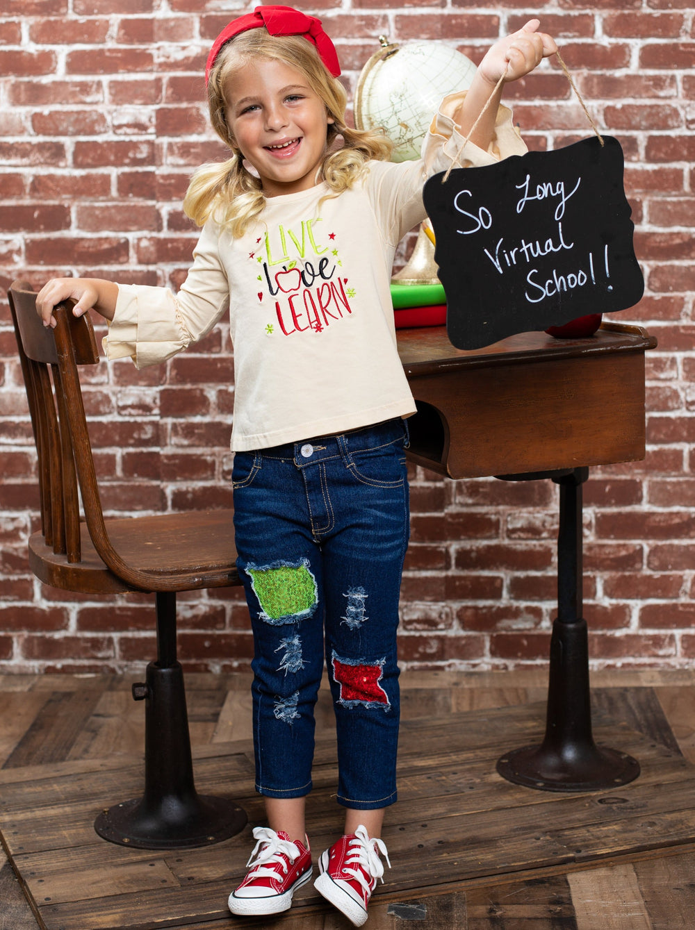 First Day of School | Live, Love, Learn Patched Jeans Set | Mia Belle Girls