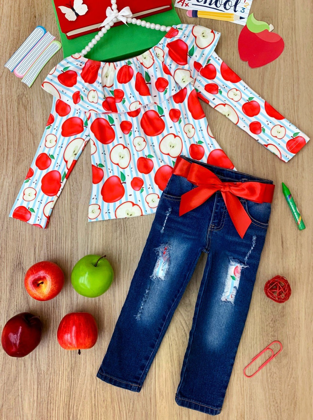 First Day of School | Apple Top & Patched Jeans Set | Mia Belle Girls