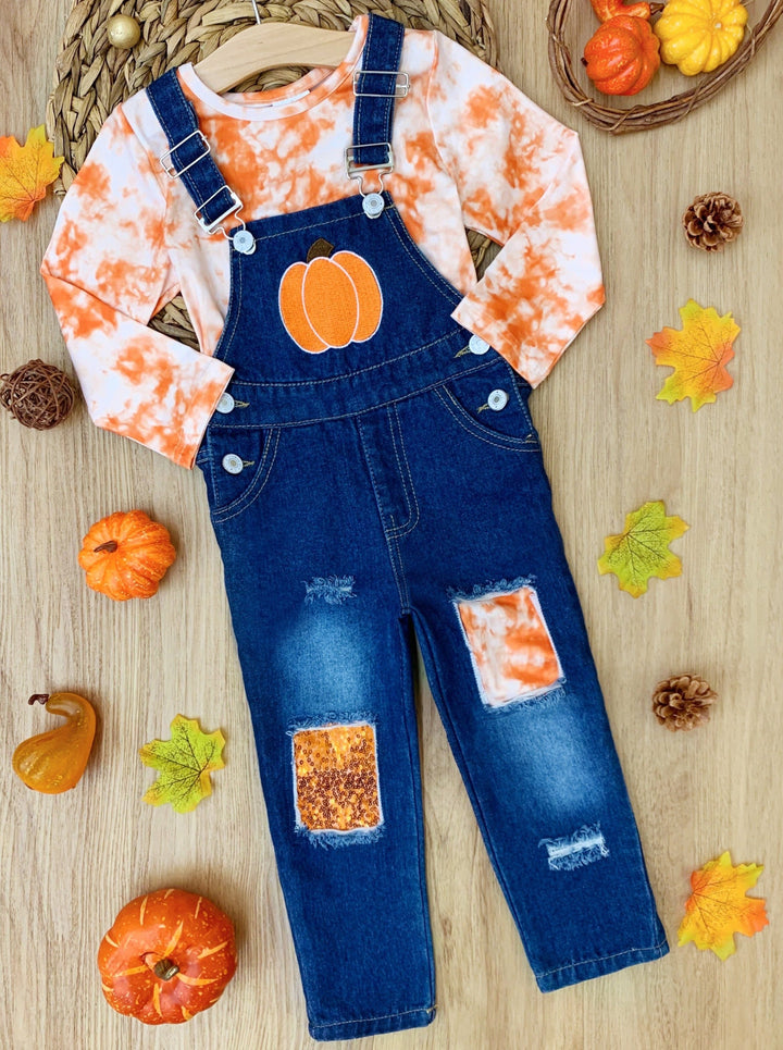 Girls Fall Outfits | Tie Dye Top & Pumpkin Patched Denim Overall Set