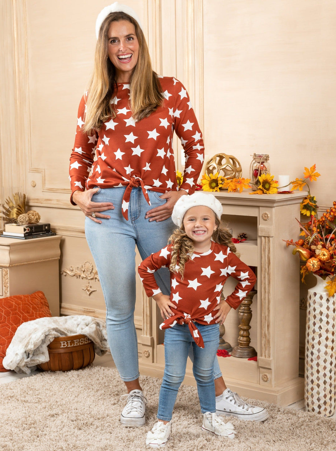 Mommy & Me Fall Tops | Star Print Knot Hem Tops - Mia Belle Girls