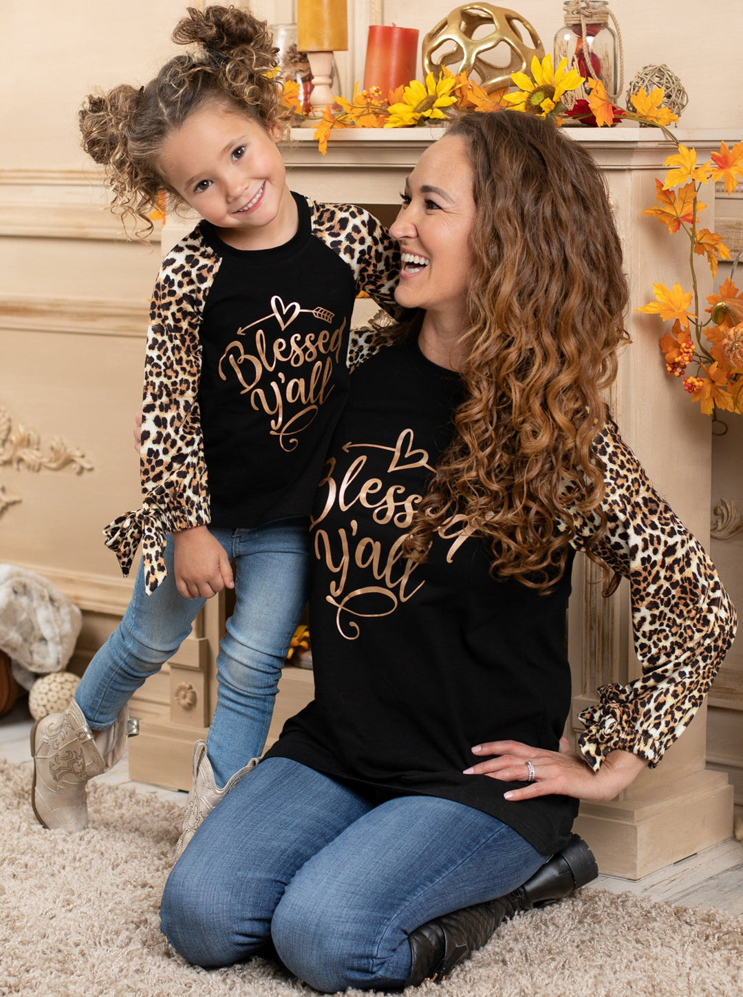 Mommy & Me Matching Fall Tops | Blessed Y'all Animal Print Raglan Tops