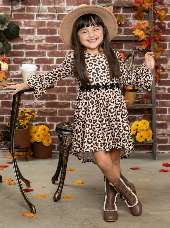 Girls Hi-Lo Crochet Trim Double Leopard Sleeve Dress