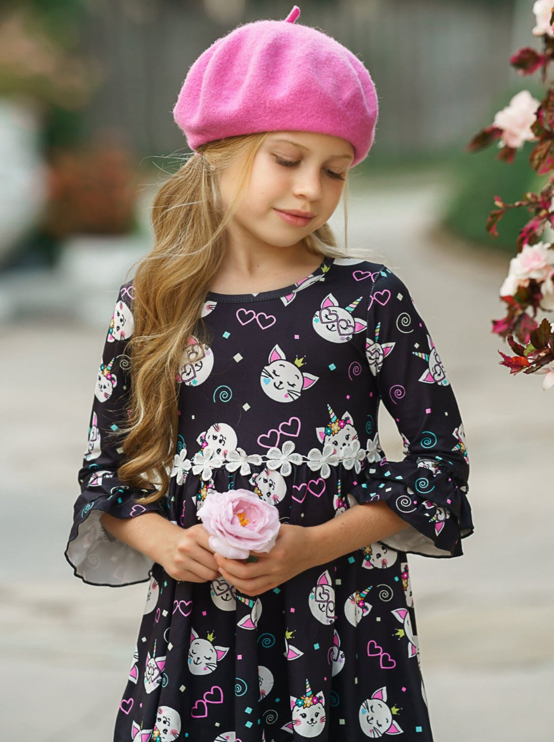 Girls Hi-Lo Double Ruffle Sleeve Kitten Print Dress – Mia Belle Girls