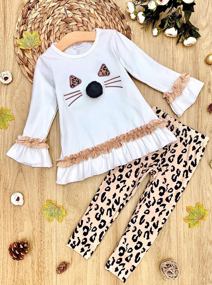 Girls Kitty Face Ruffled Tunic and Leopard Leggings Set