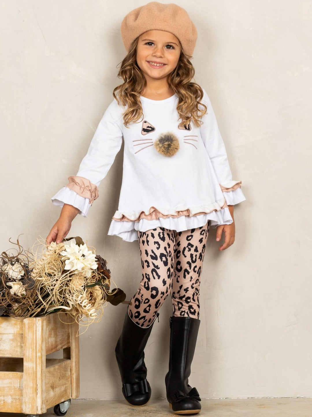 Girls Kitty Face Ruffled Tunic and Leopard Leggings Set