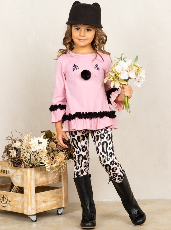 Girls Kitty Face Ruffled Tunic and Leopard Leggings Set