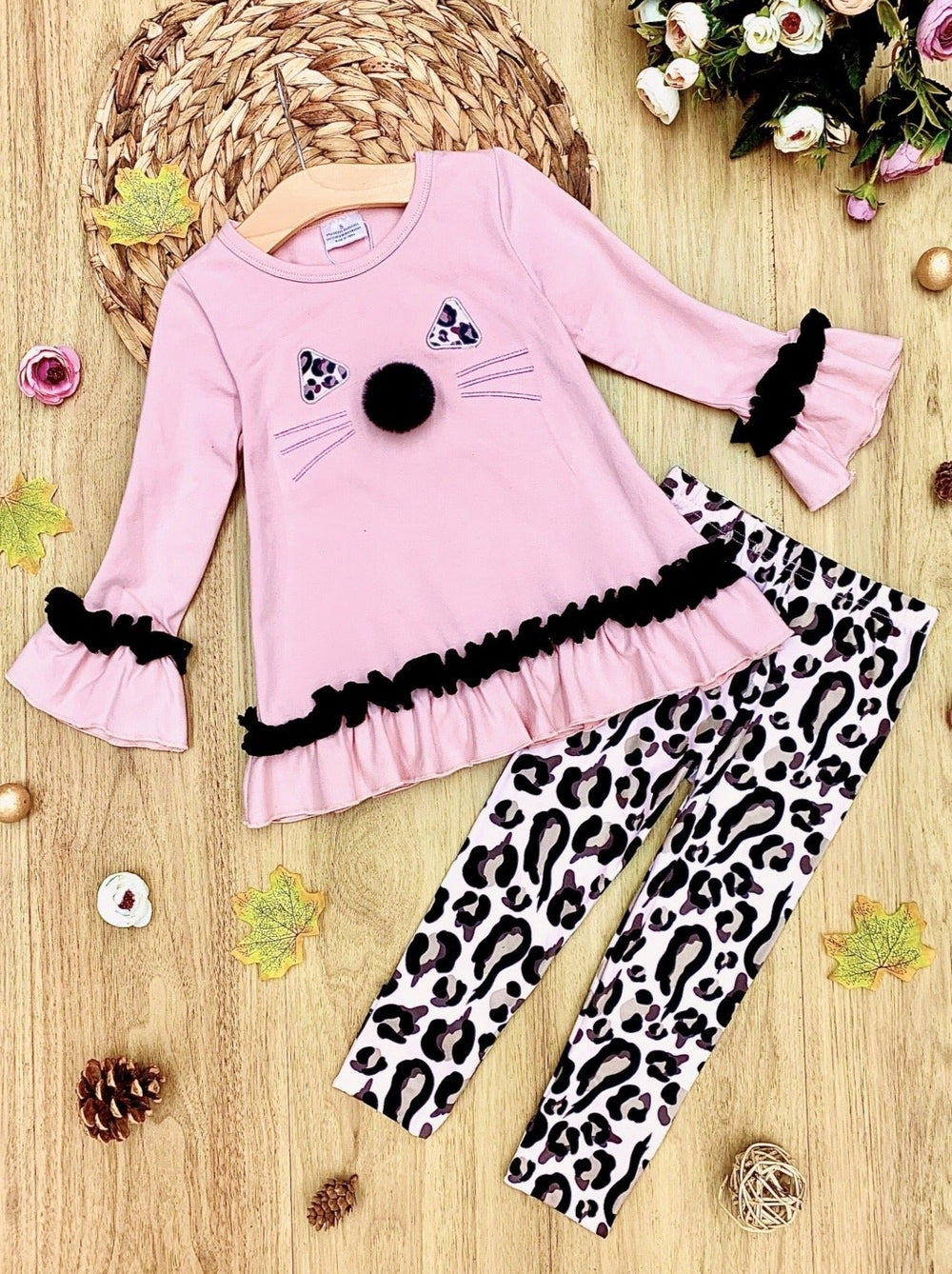 Girls Kitty Face Ruffled Tunic and Leopard Leggings Set