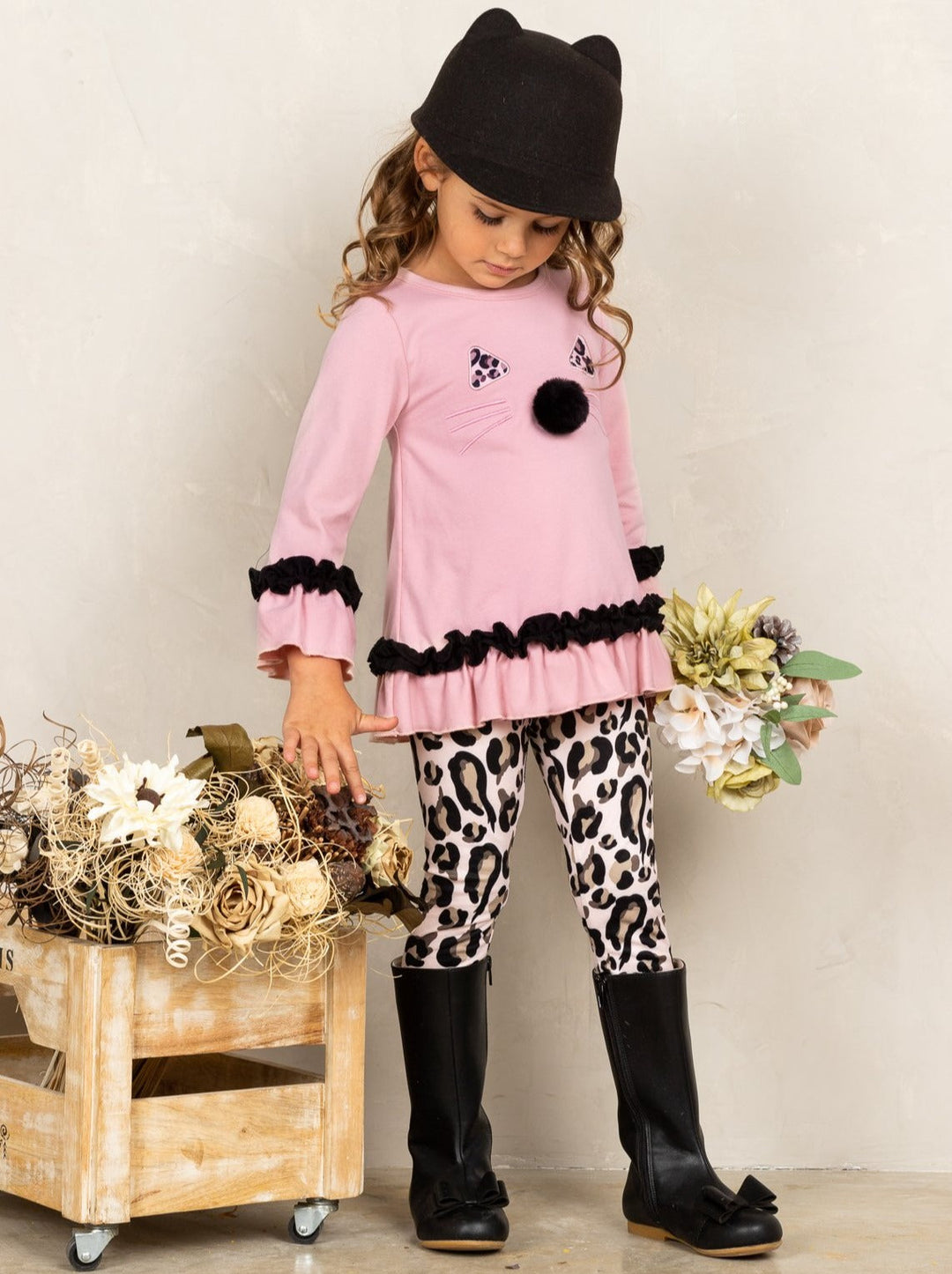 Girls Kitty Face Ruffled Tunic and Leopard Leggings Set