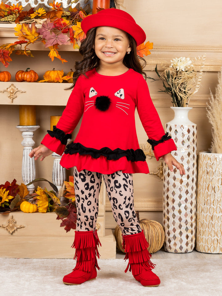 Girls Kitty Face Ruffled Tunic and Leopard Leggings Set