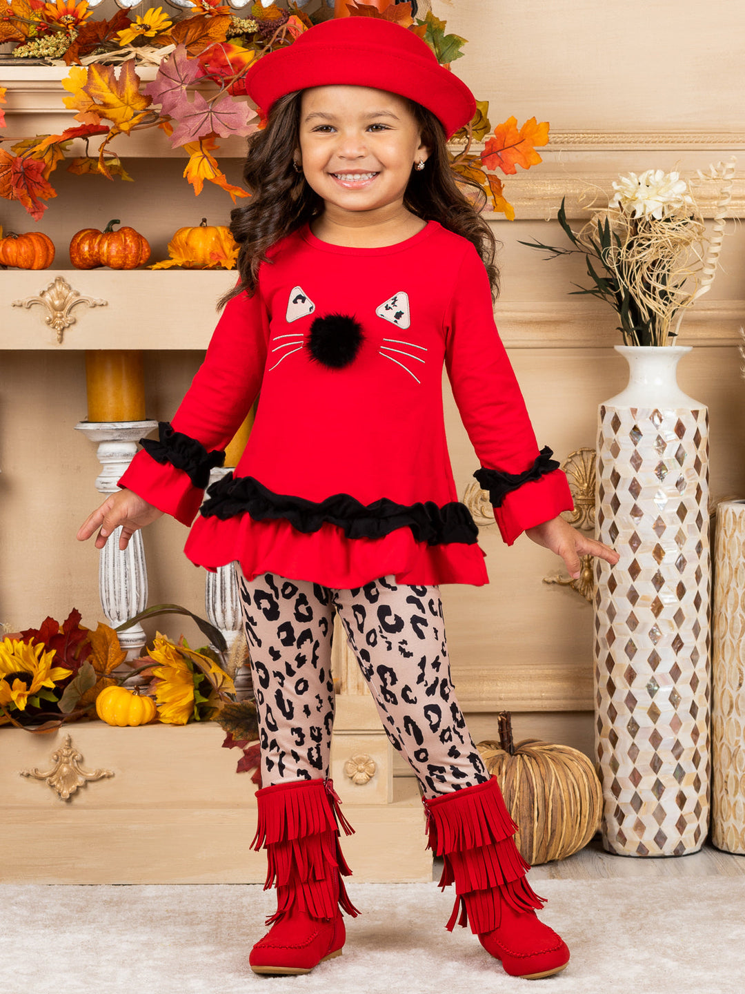 Girls Kitty Face Ruffled Tunic and Leopard Leggings Set