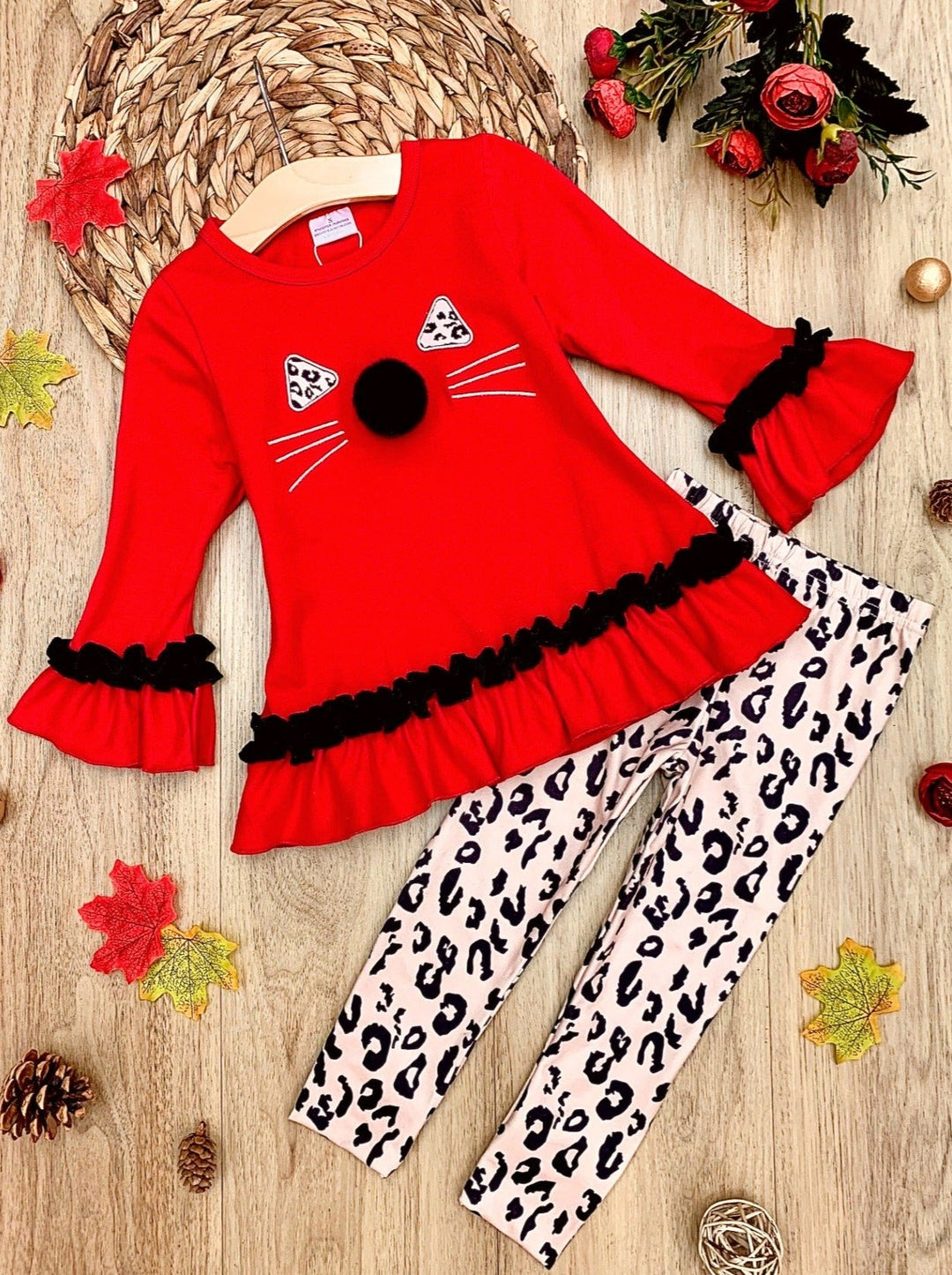 Girls Kitty Face Ruffled Tunic and Leopard Leggings Set