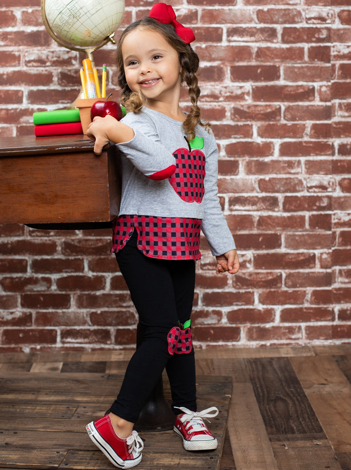 First Day of School Plaid Apple Patched Legging Set | Mia Belle Girls