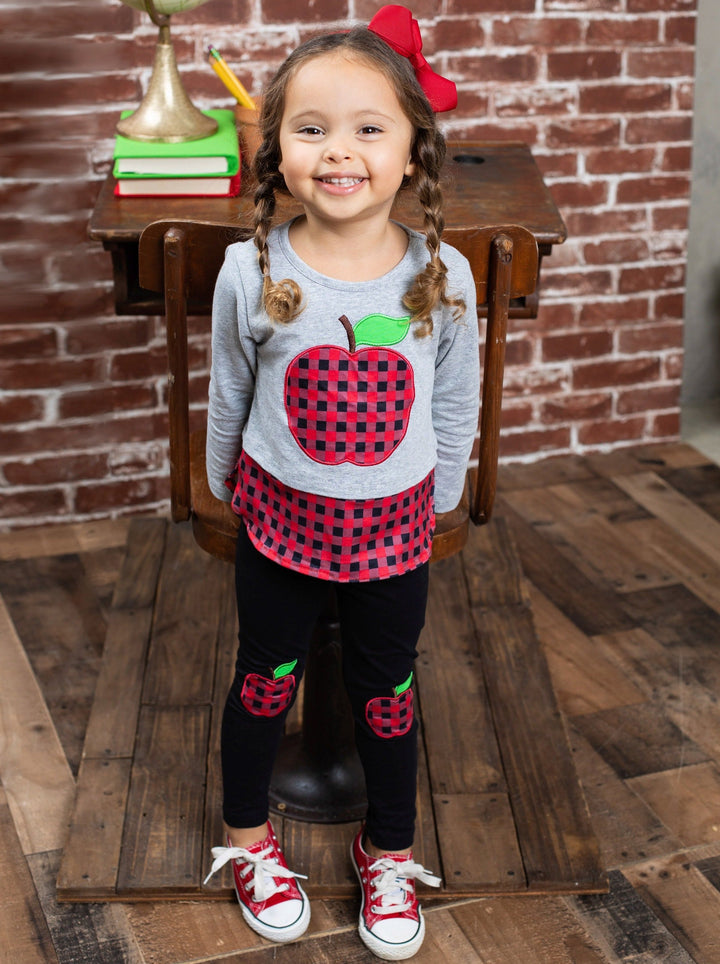 First Day of School Plaid Apple Patched Legging Set | Mia Belle Girls