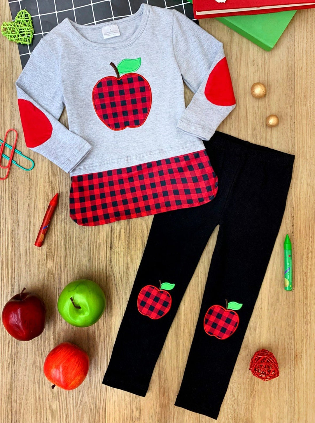 First Day of School Plaid Apple Patched Legging Set | Mia Belle Girls