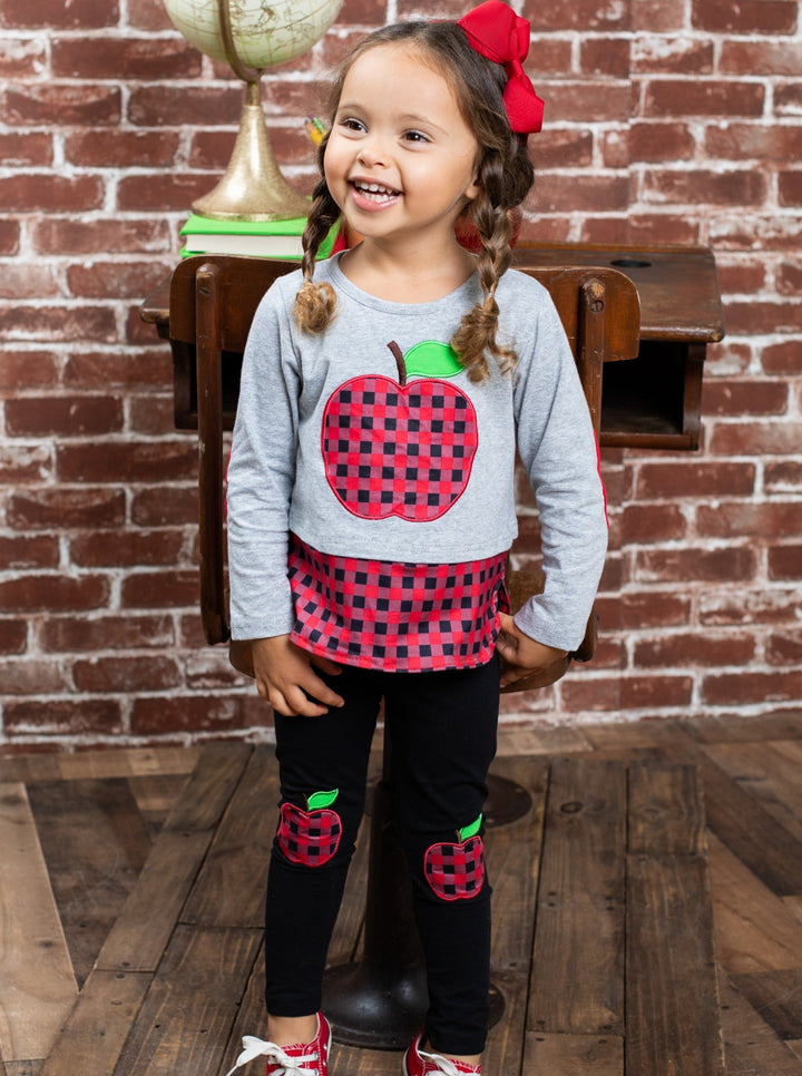 First Day of School Plaid Apple Patched Legging Set | Mia Belle Girls