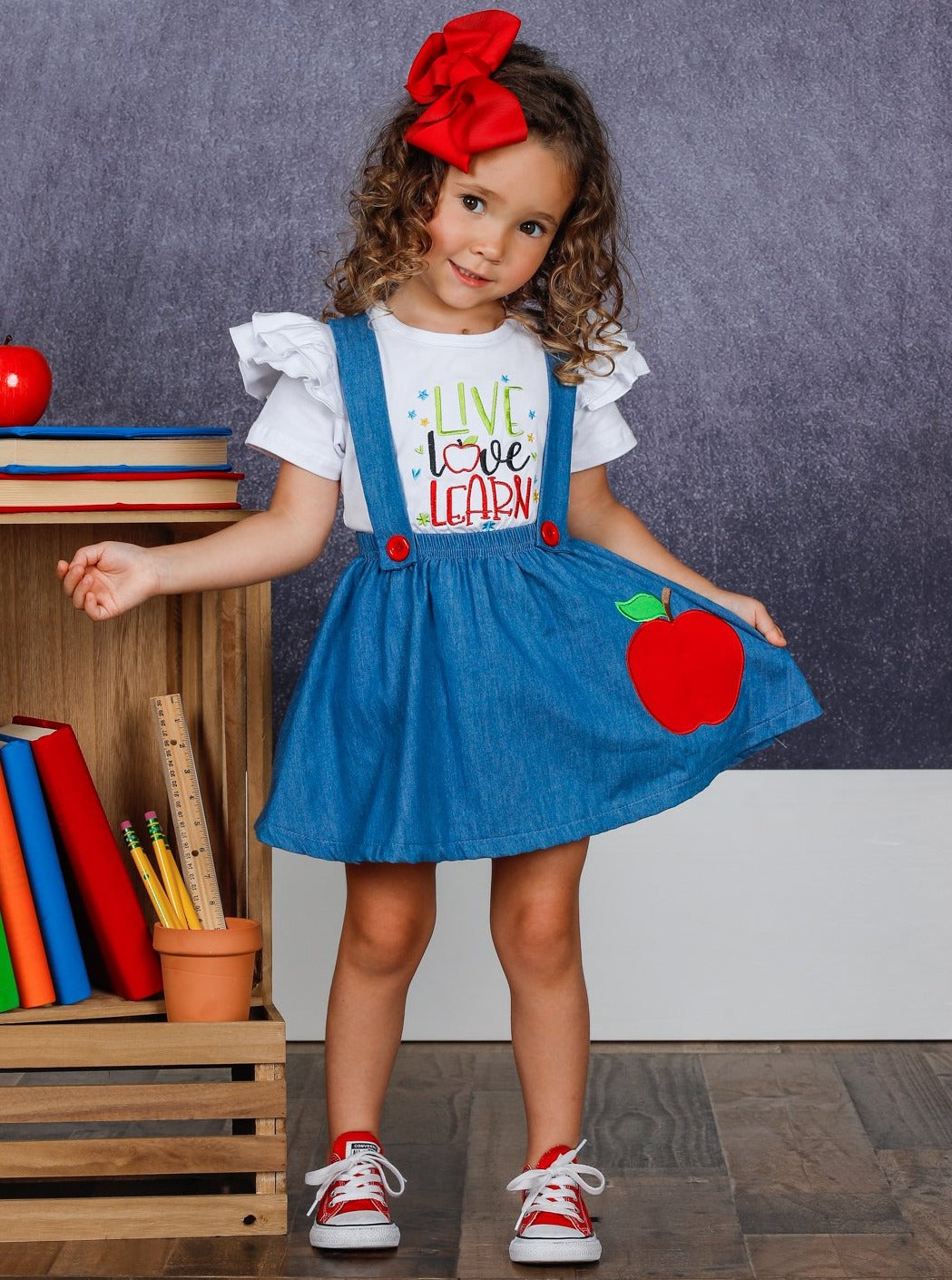 1st Day of School | Ruffled Top & Overall Skirt Set | Mia Belle Girls