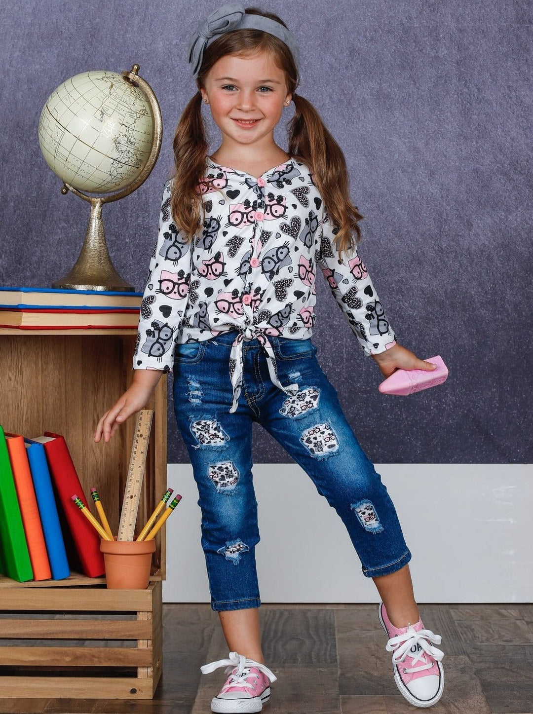 First Day of School | Knot Top & Patched Jeans Set | Mia Belle Girls