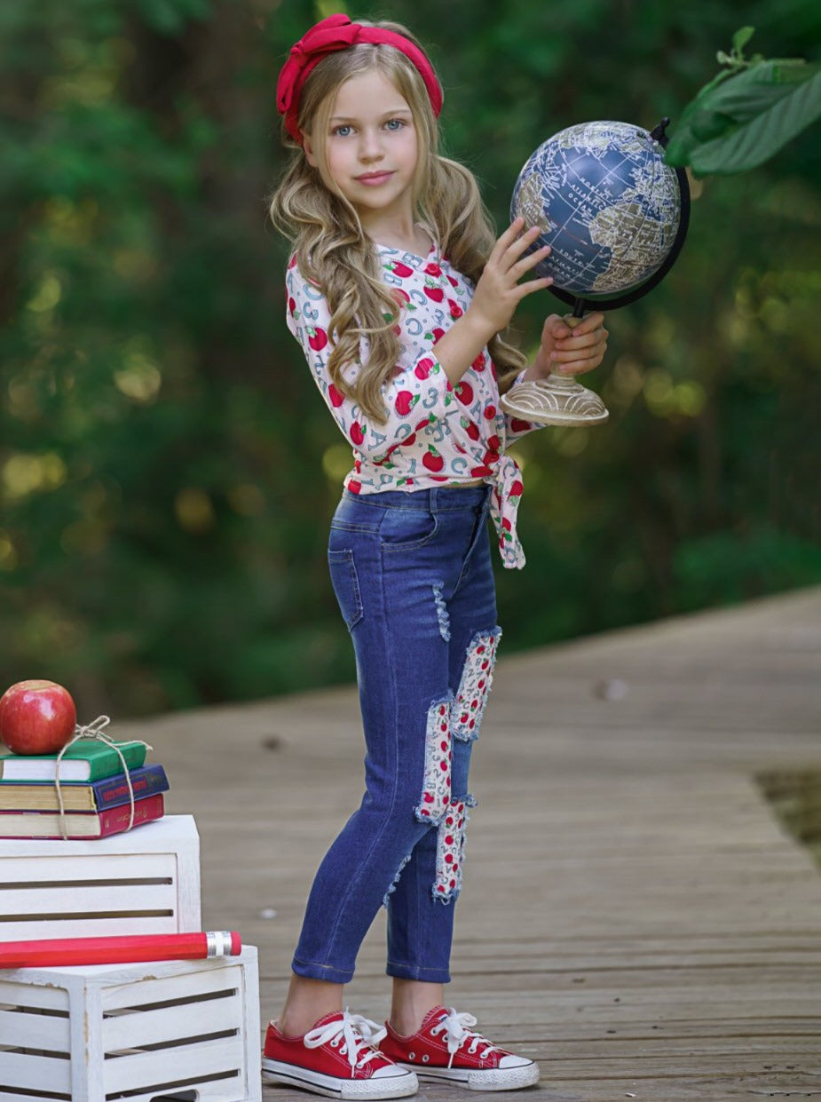 First Day of School | Apple Top & Patched Jeans Set | Mia Belle Girls