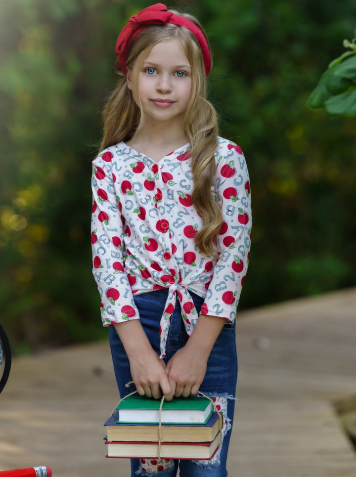 First Day of School | Apple Top & Patched Jeans Set | Mia Belle Girls