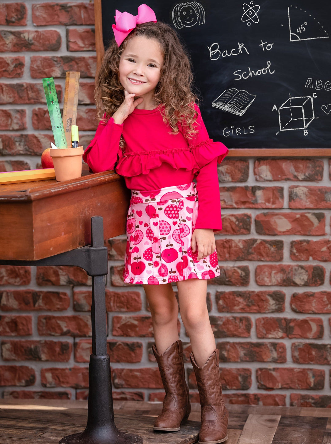 Back To School Clothes | Ruffle Top & Apple Skirt Set | Mia Belle Girls