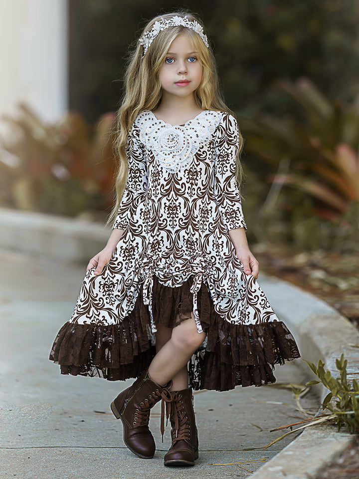 Girls Fall Fancy Dress| Pattern Print Sequin Hi-Lo Drawstring Dress 