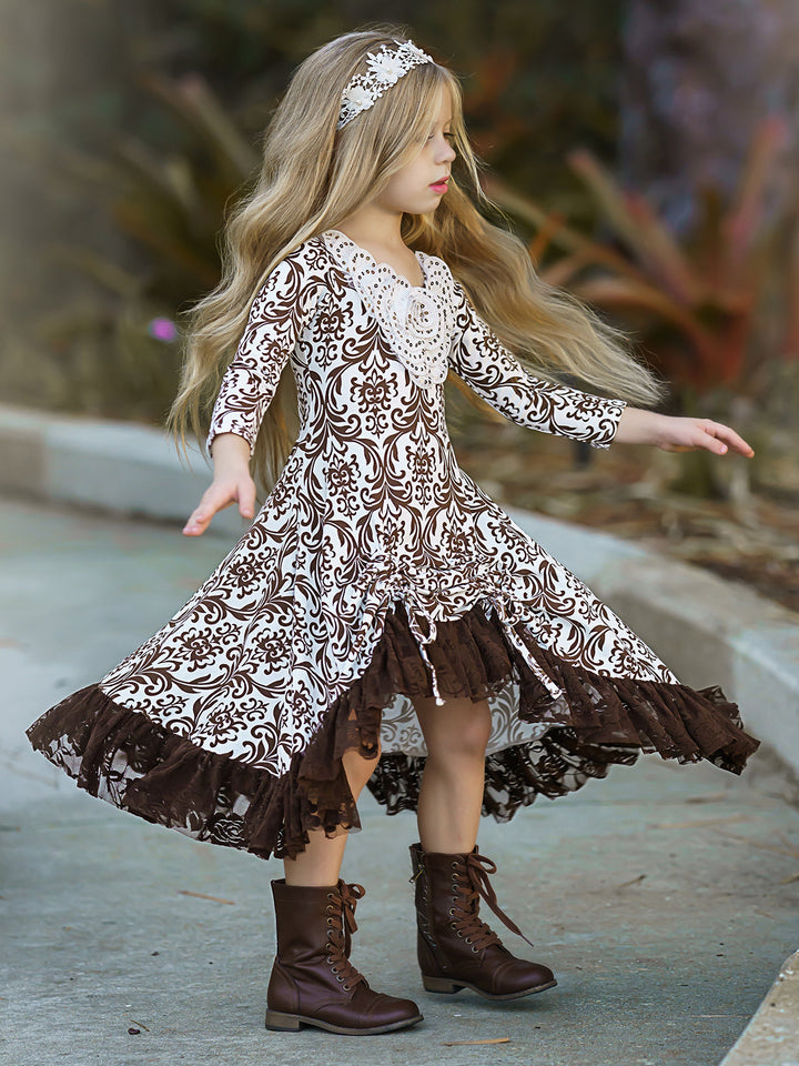 Girls Fall Fancy Dress| Pattern Print Sequin Hi-Lo Drawstring Dress 