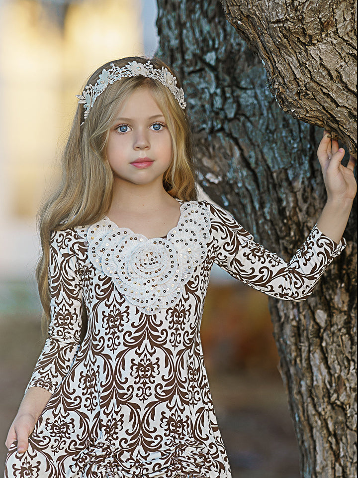 Girls Fall Fancy Dress| Pattern Print Sequin Hi-Lo Drawstring Dress 