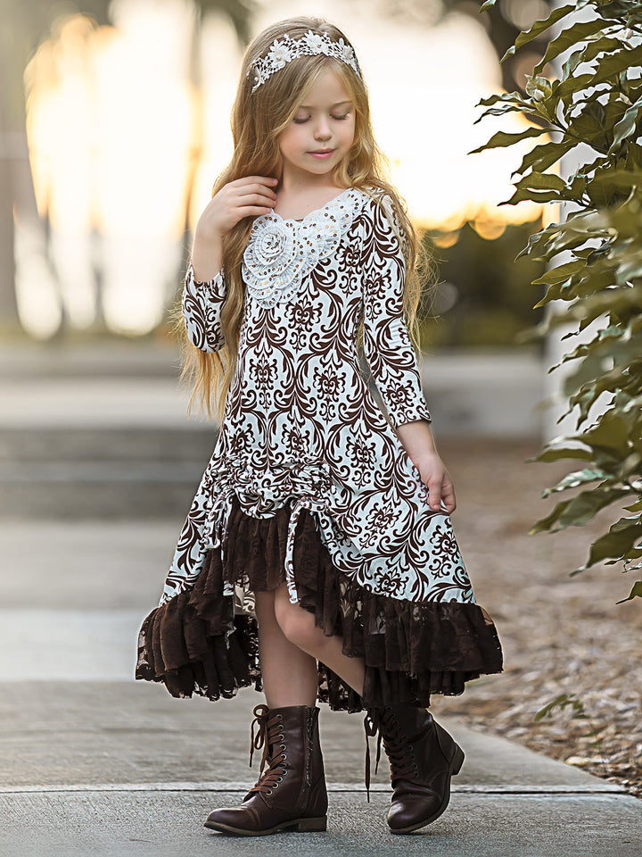 Girls Fall Fancy Dress| Pattern Print Sequin Hi-Lo Drawstring Dress 