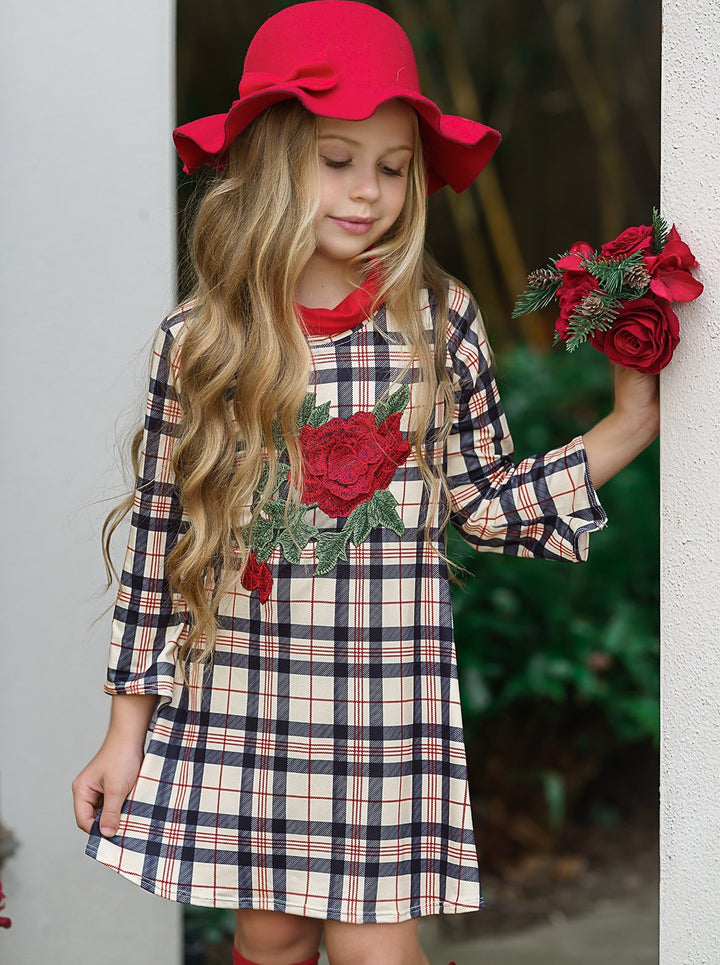 Winter Dressy Dresses | Girls Rose Embroidered Plaid Turtleneck Dress