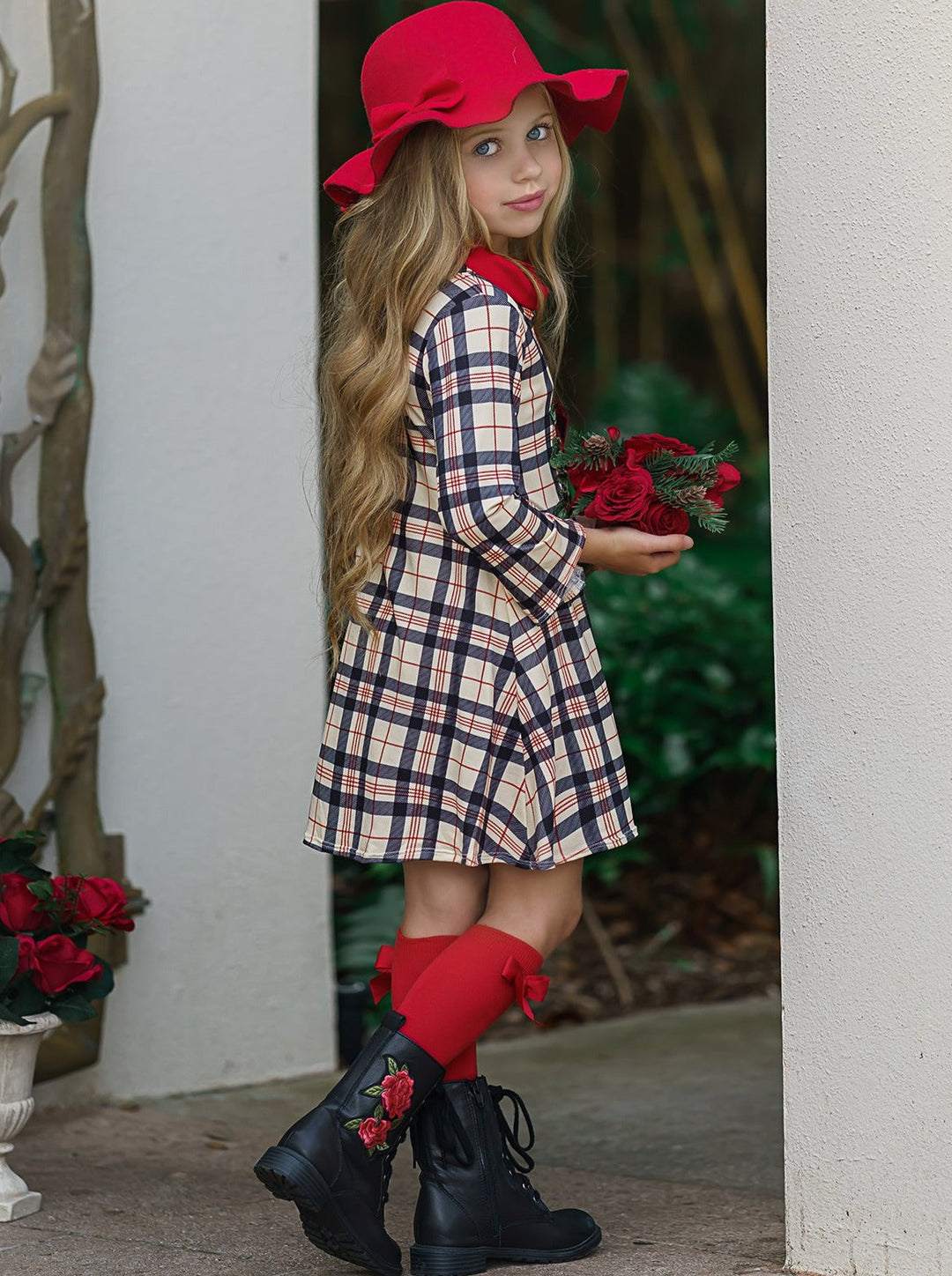 Winter Dressy Dresses | Girls Rose Embroidered Plaid Turtleneck Dress