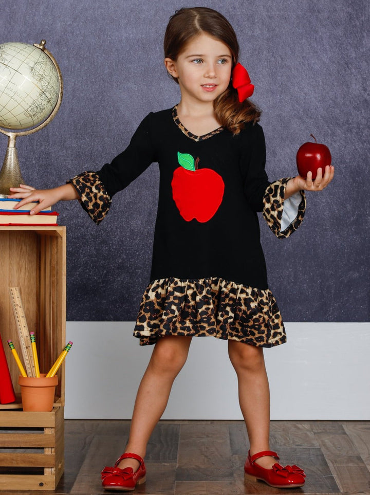 Girls Apple Print Cross Front Dress with Animal Print Ruffles