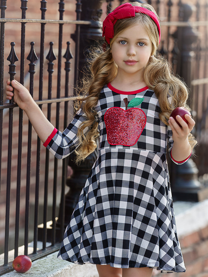 Girls Sequin Apple Scoop Back Twirl Plaid Dress | Mia Belle Girls