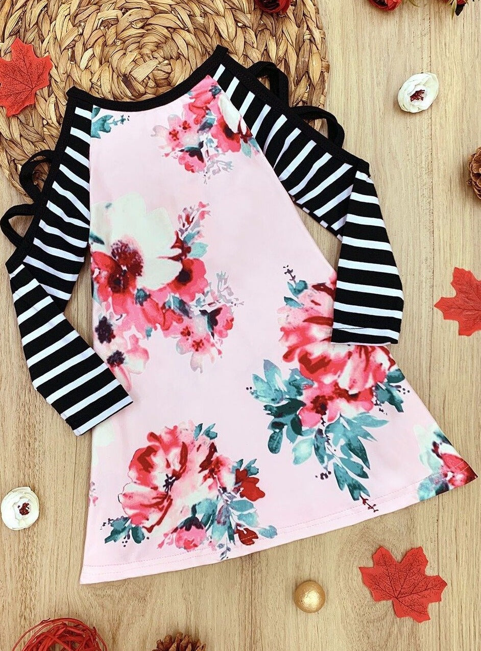 Girls Strappy Cold Shoulder Long Sleeve Floral Dress