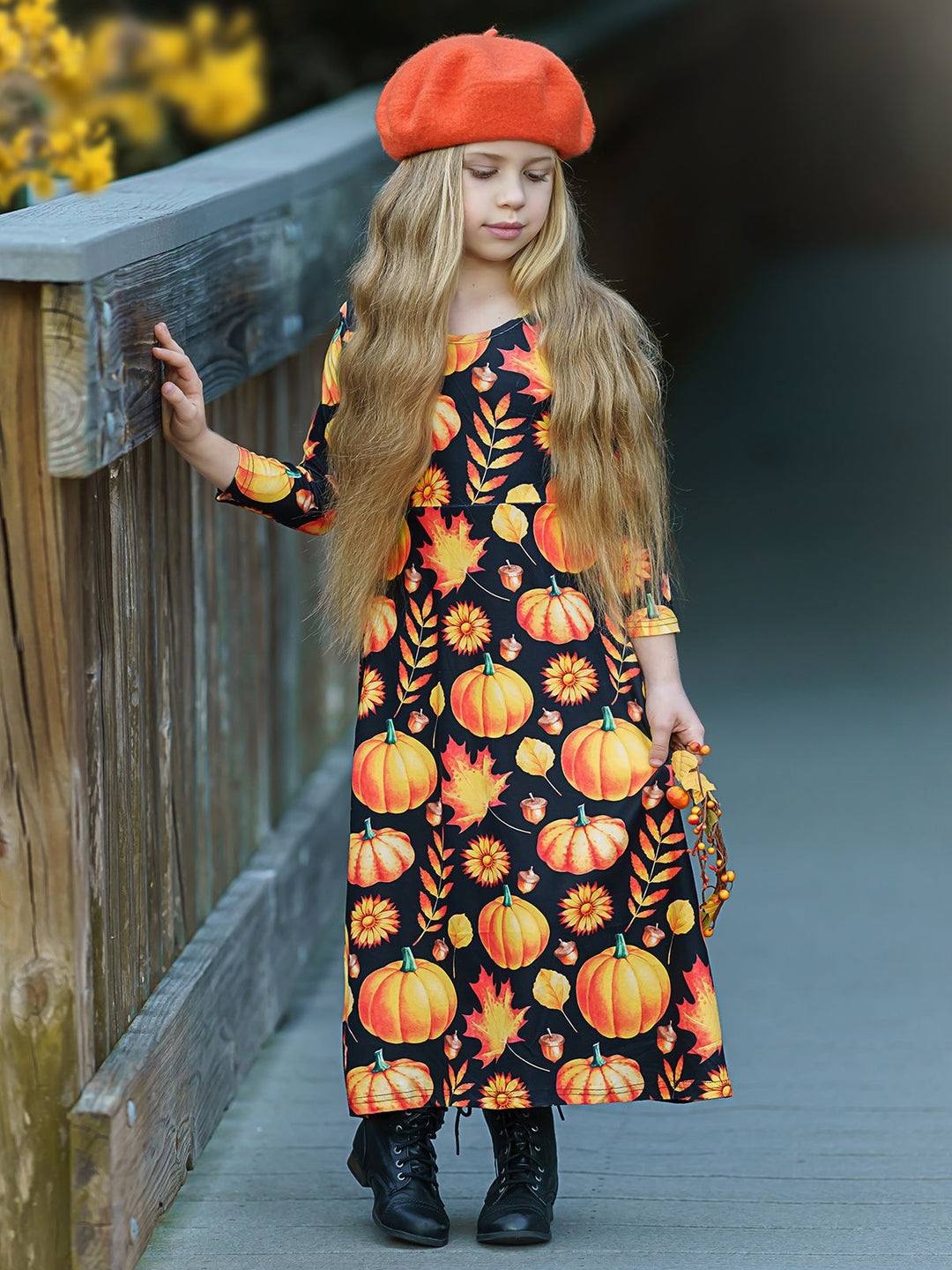 Girls Long Sleeve Pumpkin Printed Maxi Dress