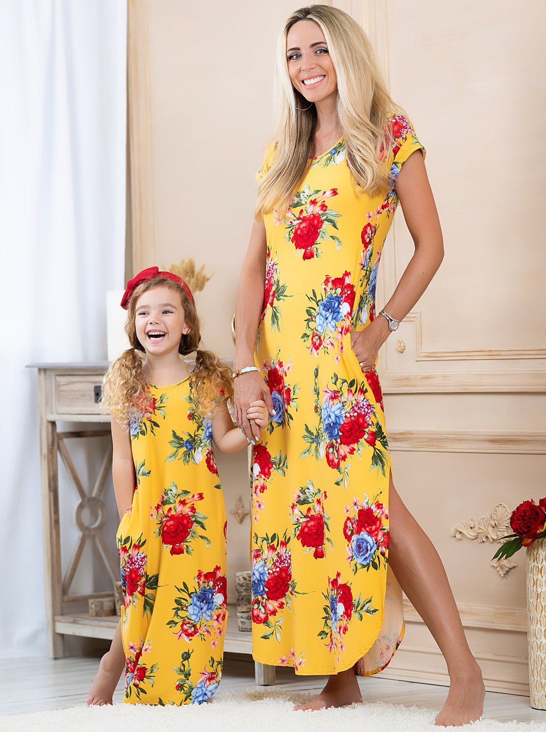 Mommy and Me yellow floral maxi dress with convenient and stylish pockets