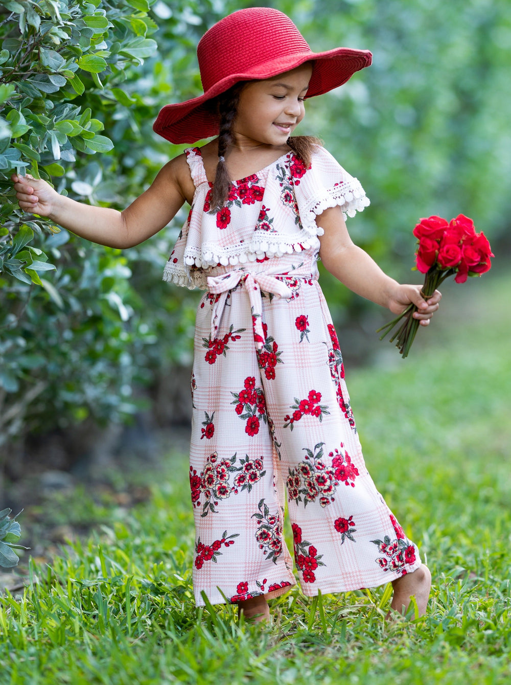 Girls Spring Outfits | Ruffle Crochet Trim Sash One Shoulder Jumpsuit