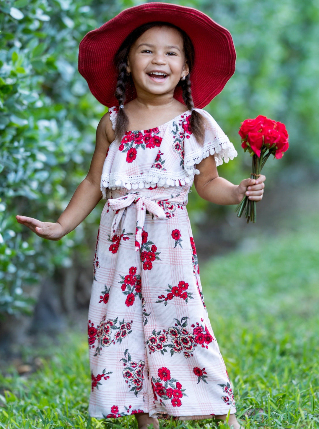 Girls Spring Outfits | Ruffle Crochet Trim Sash One Shoulder Jumpsuit