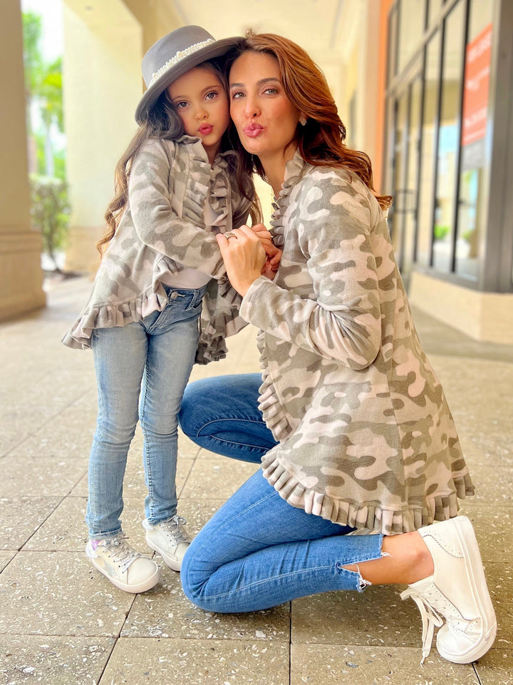 Mommy & Me Cardigans | Camo Print Ruffle Cardigans | Mia Belle Girls