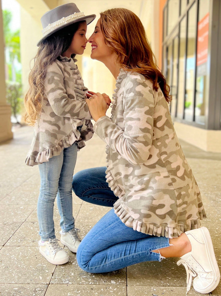 Mommy & Me Cardigans | Camo Print Ruffle Cardigans | Mia Belle Girls