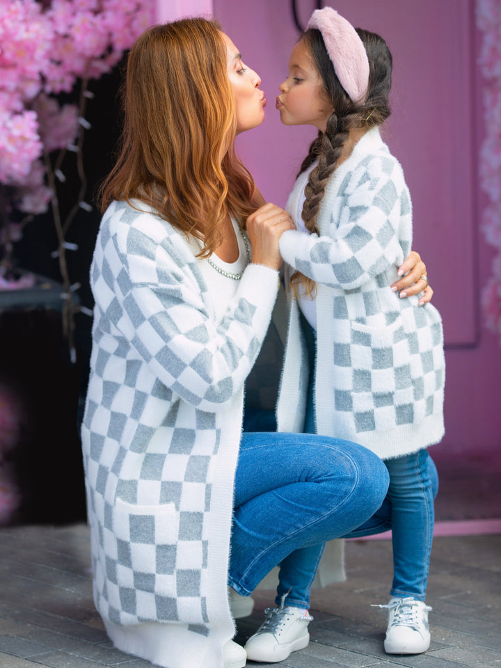 Mia Belle Girls Grey Checkered Open Cardigan | Mommy & Me Outfits