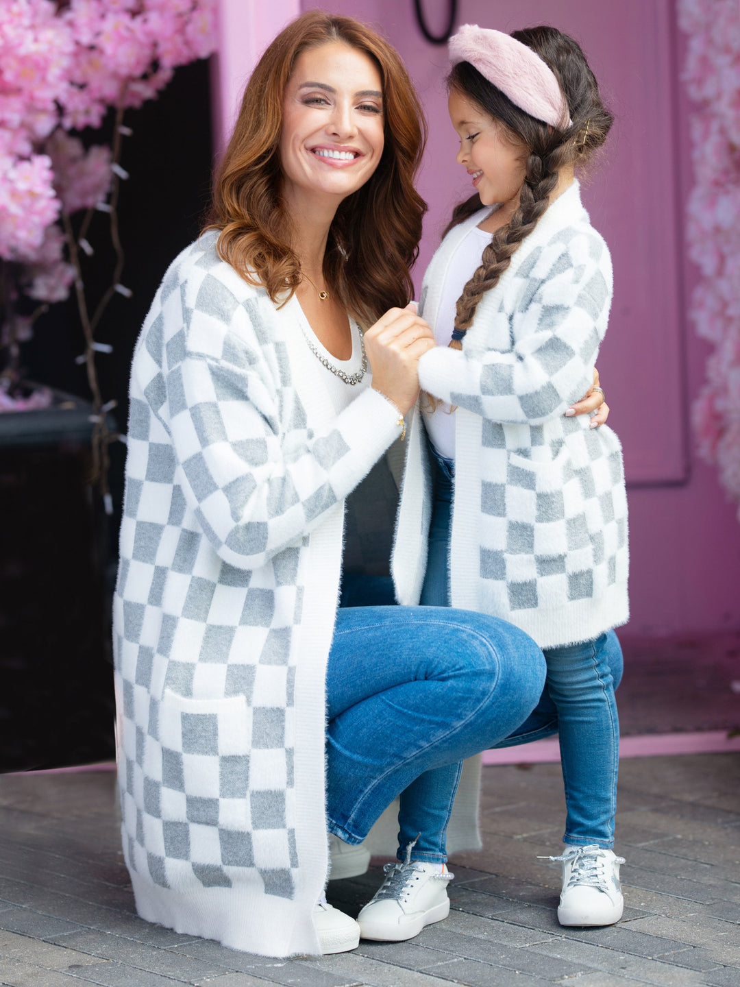 Mia Belle Girls Grey Checkered Open Cardigan | Mommy & Me Outfits