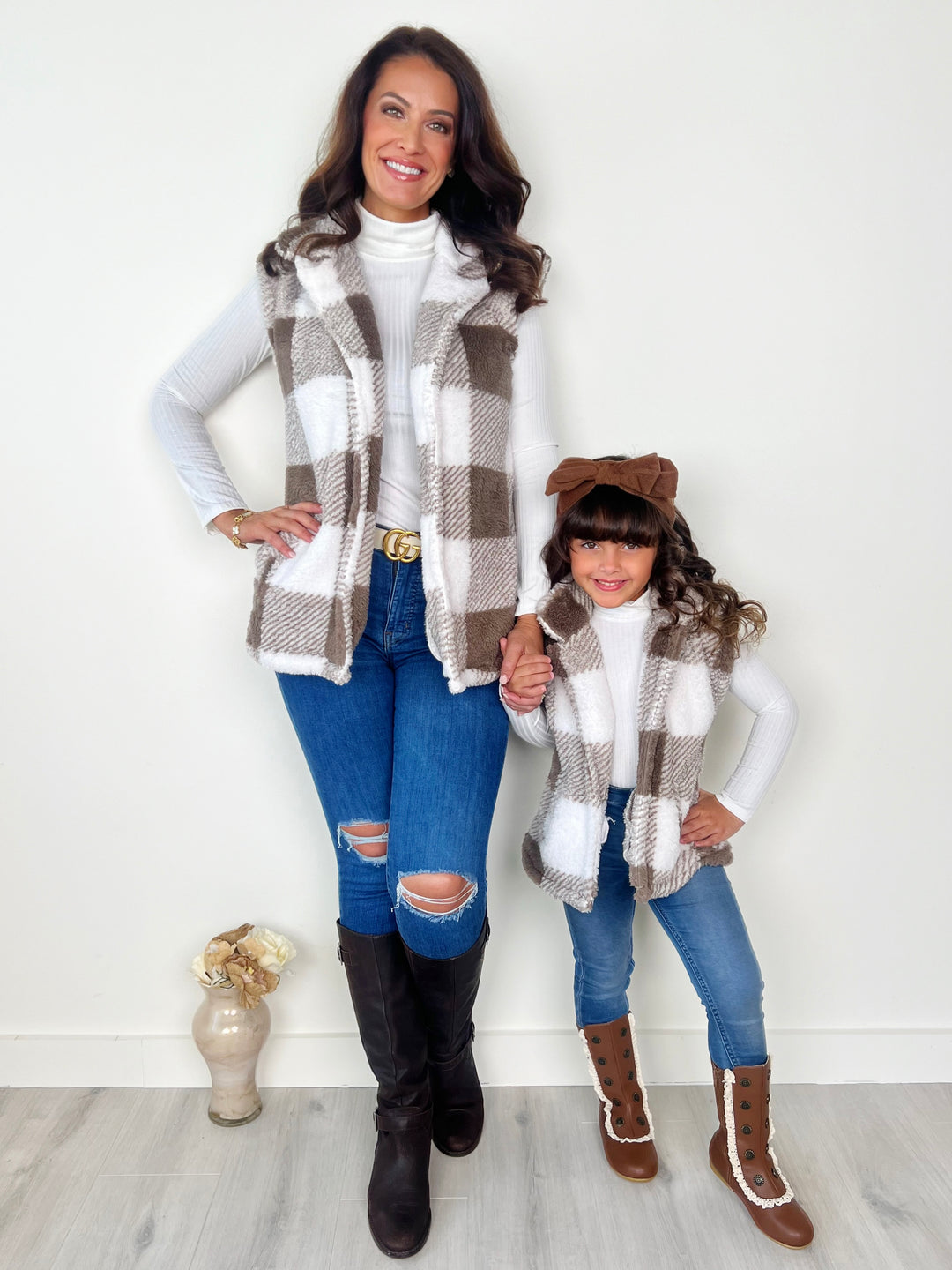 Mommy and Me Cozy Faux Fur Plaid Vest