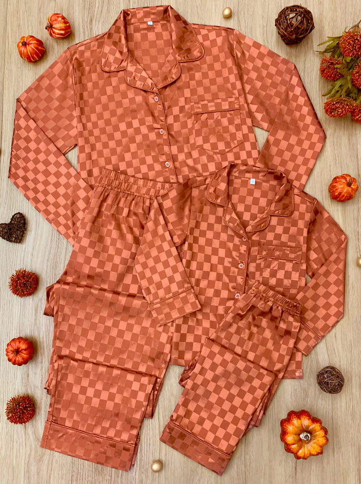 Mia Belle Girls Rust Checkered Silk Pajamas | Mommy and Me Pajamas